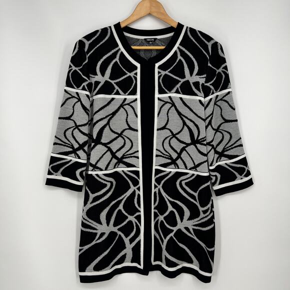Misook Mixed Knit Print Cardigan Sweater Womens Large Black White Graphic Long - Picture 1 of 9